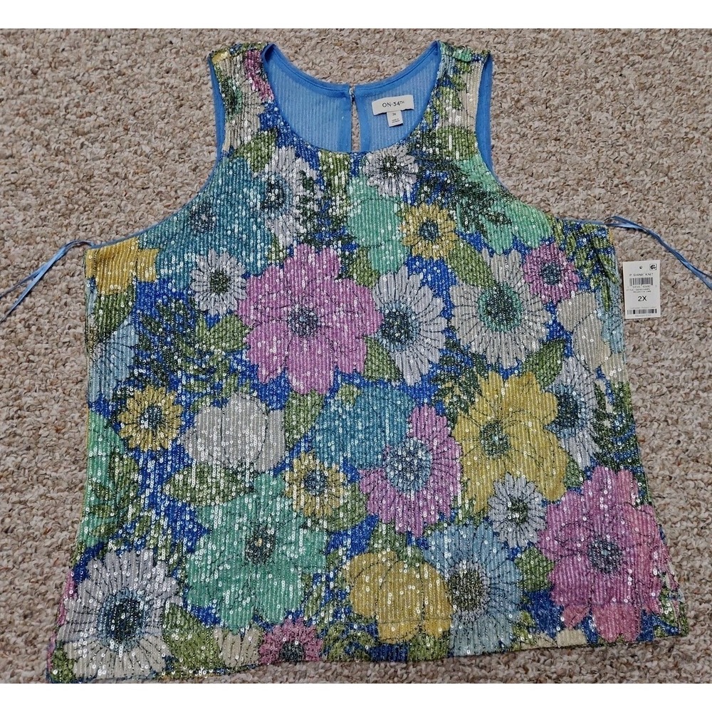 On 34th 2X Floral Sequined Sleeveless Shine Tank Top‎ Blouse NWT